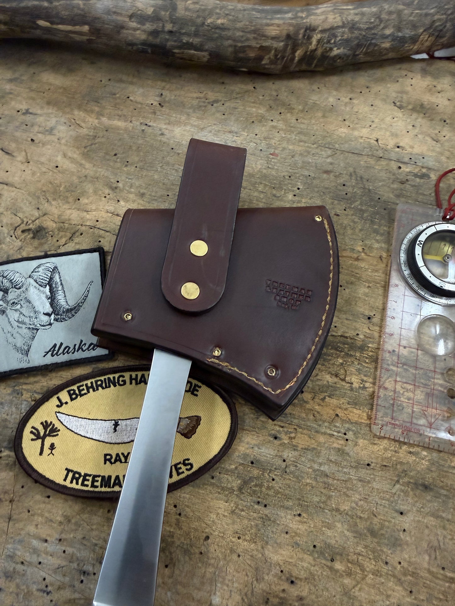 Treeman Camp Axe 15" OAL Horse Hide Brass Crows Beak Butt