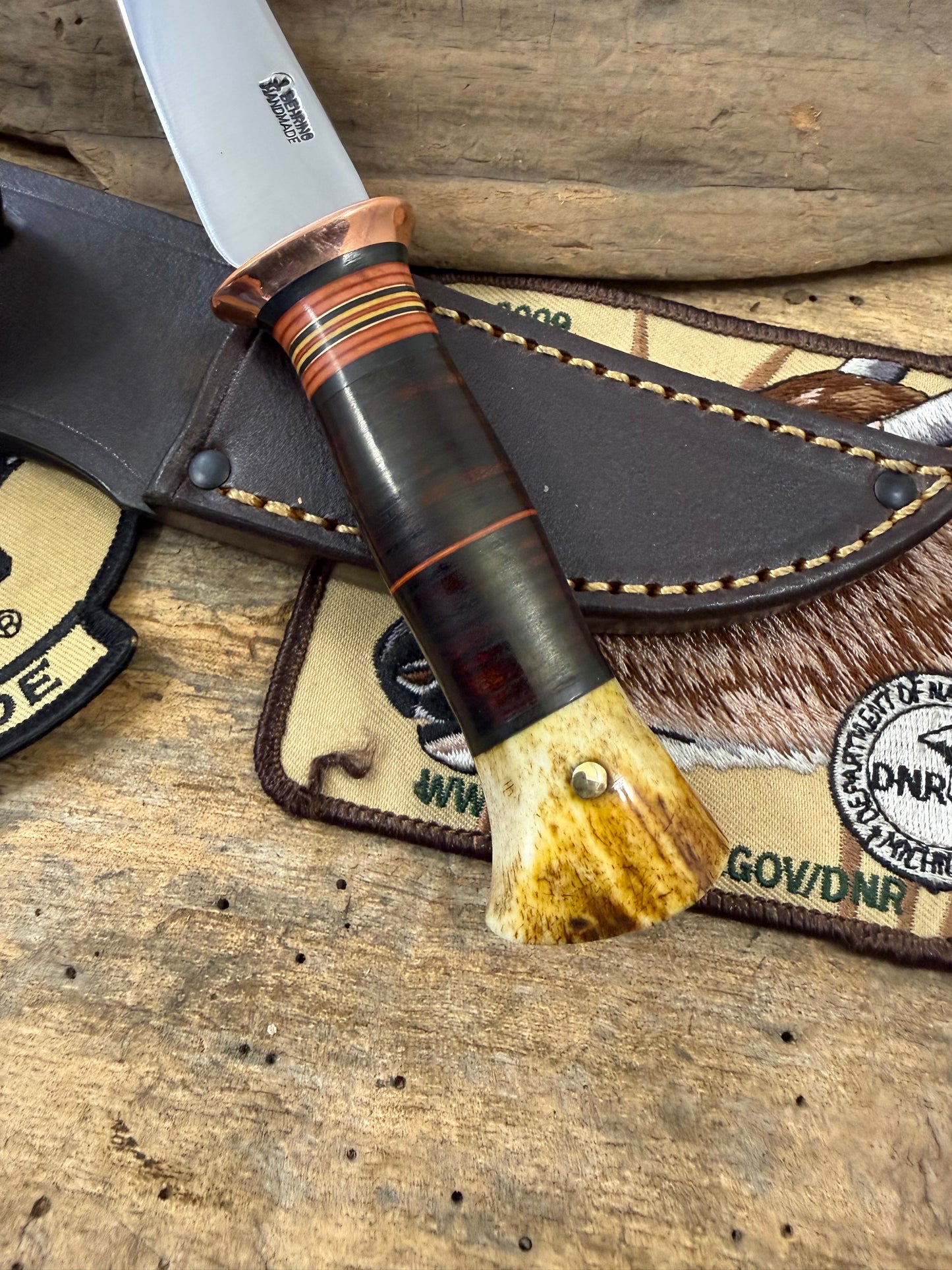 Treeman Trout Knife 3 3/8" 1095 hand forged blade horse hide crotch stag