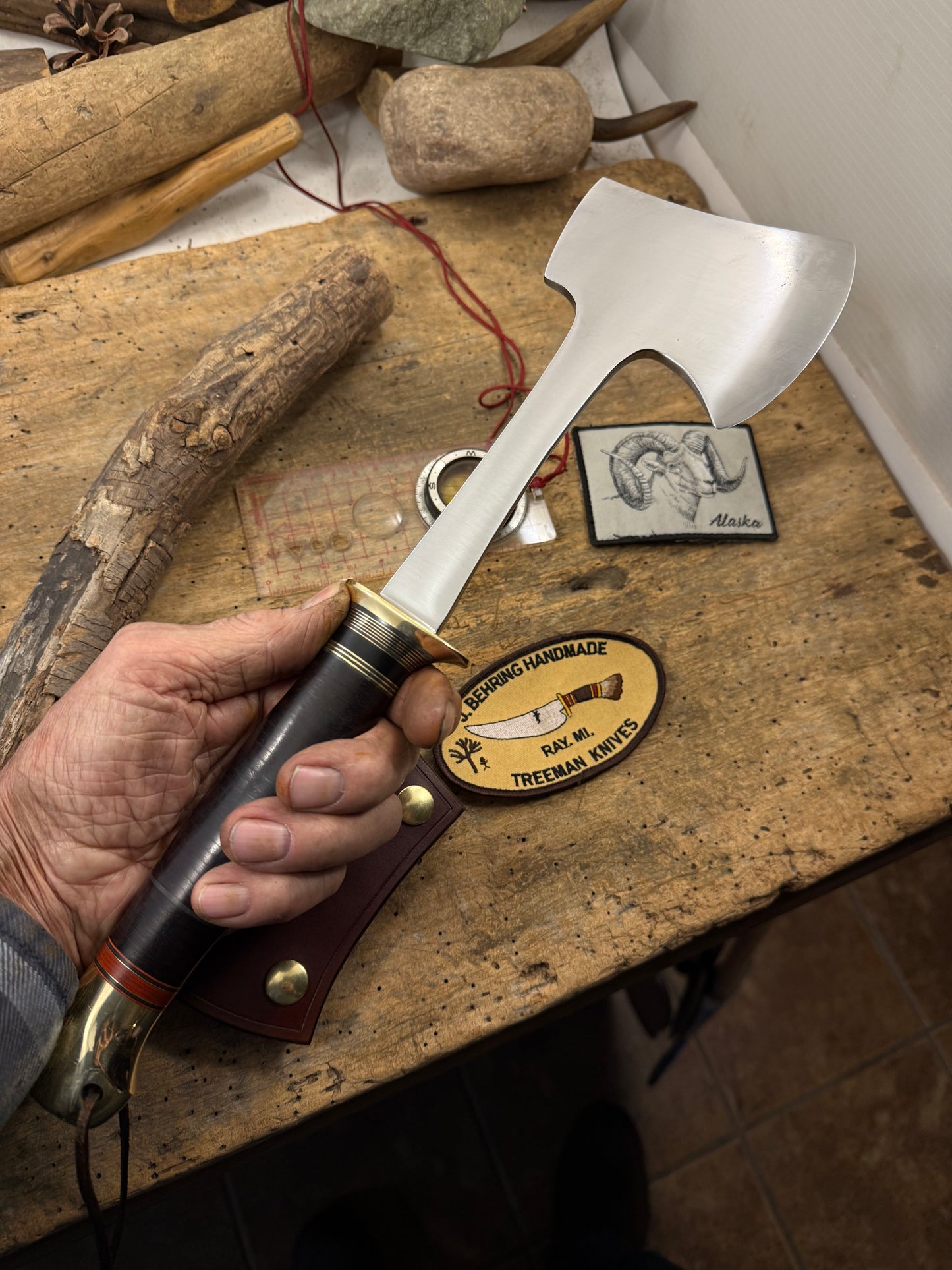 Treeman Camp Axe 15" OAL Horse Hide Brass Crows Beak Butt