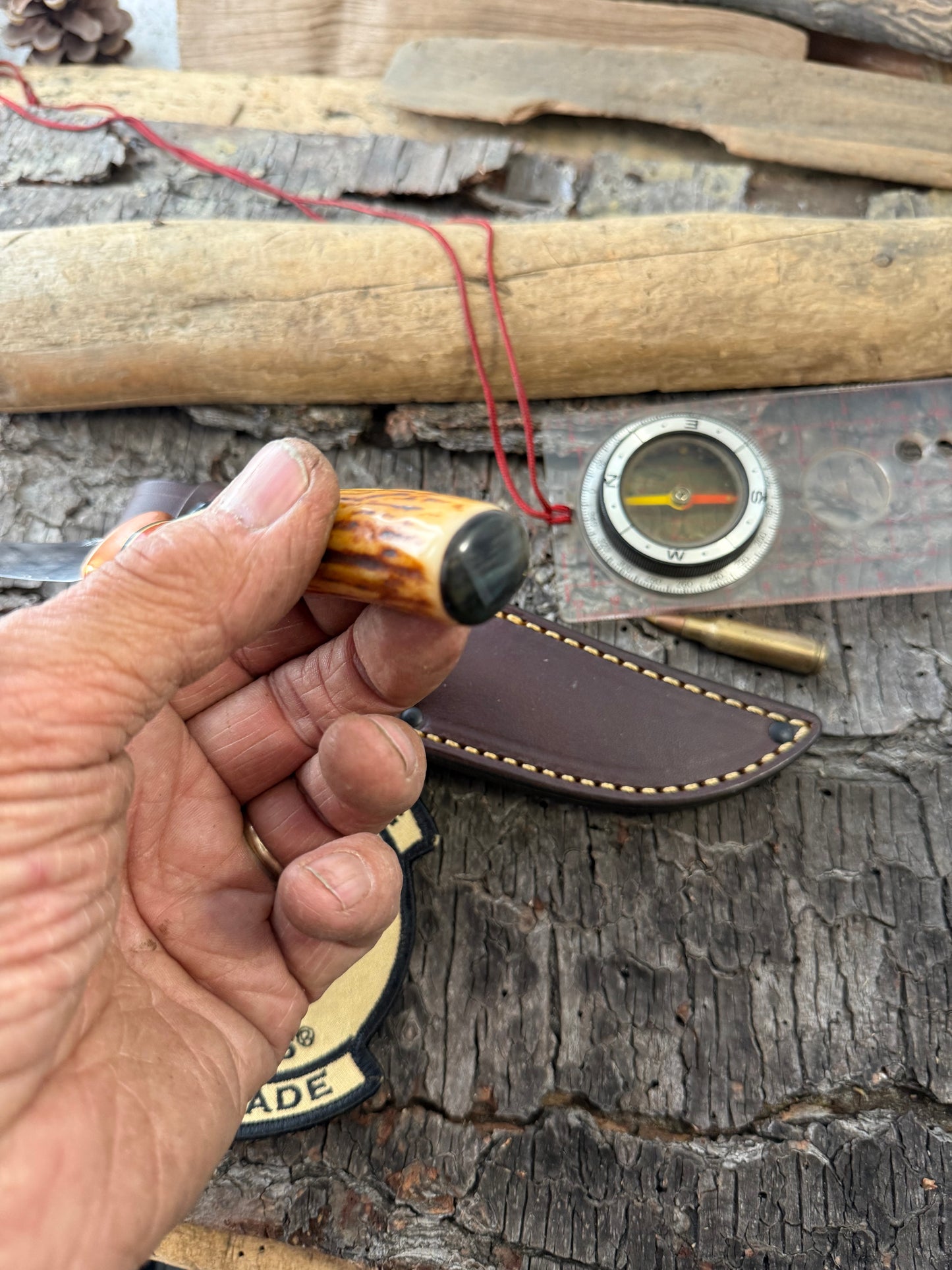 Treeman Trout Knife Forged 1095 Copper Guard 120 Year old stag Mammoyh Cap