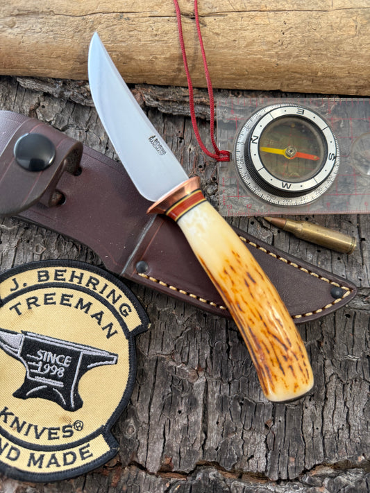 Treeman Trout Knife Forged 1095 Copper Guard 120 Year old stag Mammoyh Cap