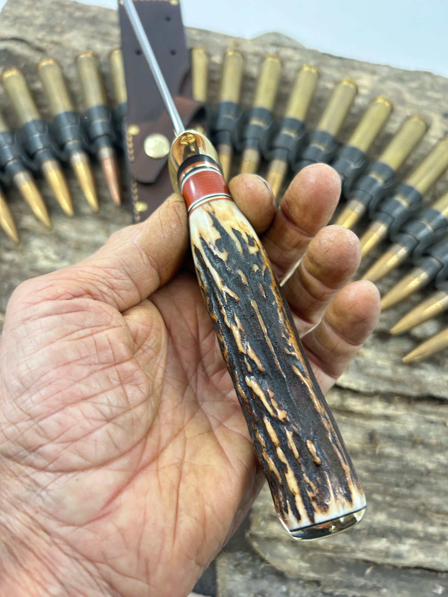 Treeman 8" Old School Springfield style Fighter Killer Sambar Stag Rough back riveted sheath .