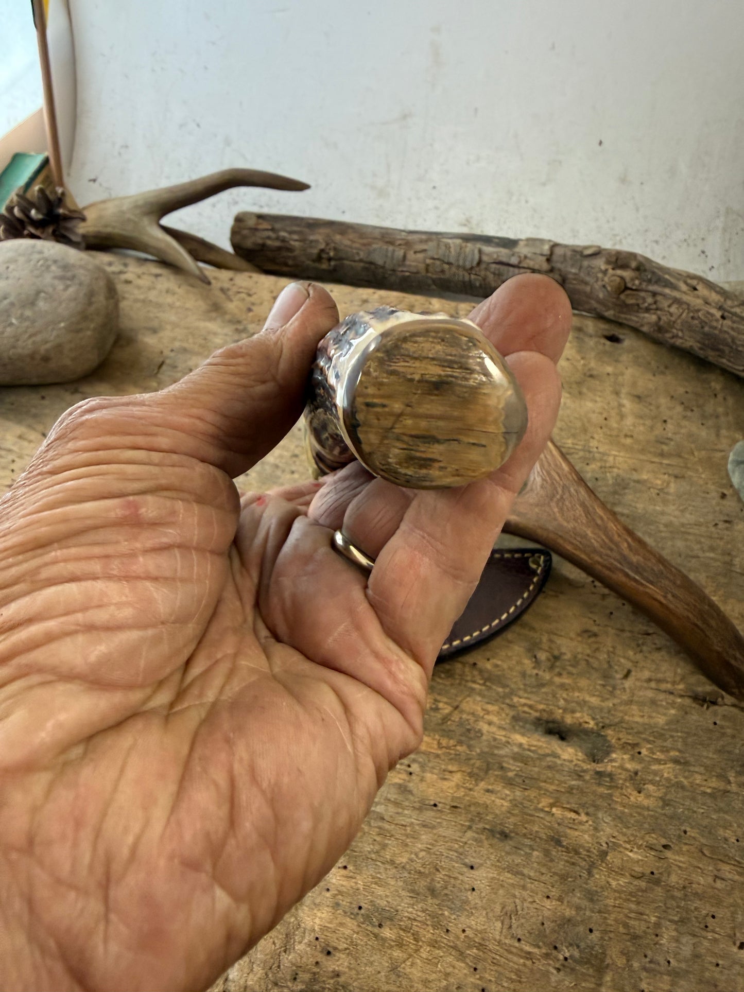 Treeman  5" Copper Harbor AEB-L Stainless Sambar Stag Mammoth Ivory Ostrich Leg Sheath
