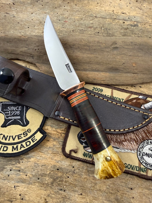 Treeman Trout Knife 3 3/8" 1095 hand forged blade horse hide crotch stag