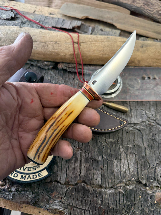 Treeman Trout Knife Forged 1095 Copper Guard 120 Year old stag Mammoyh Cap