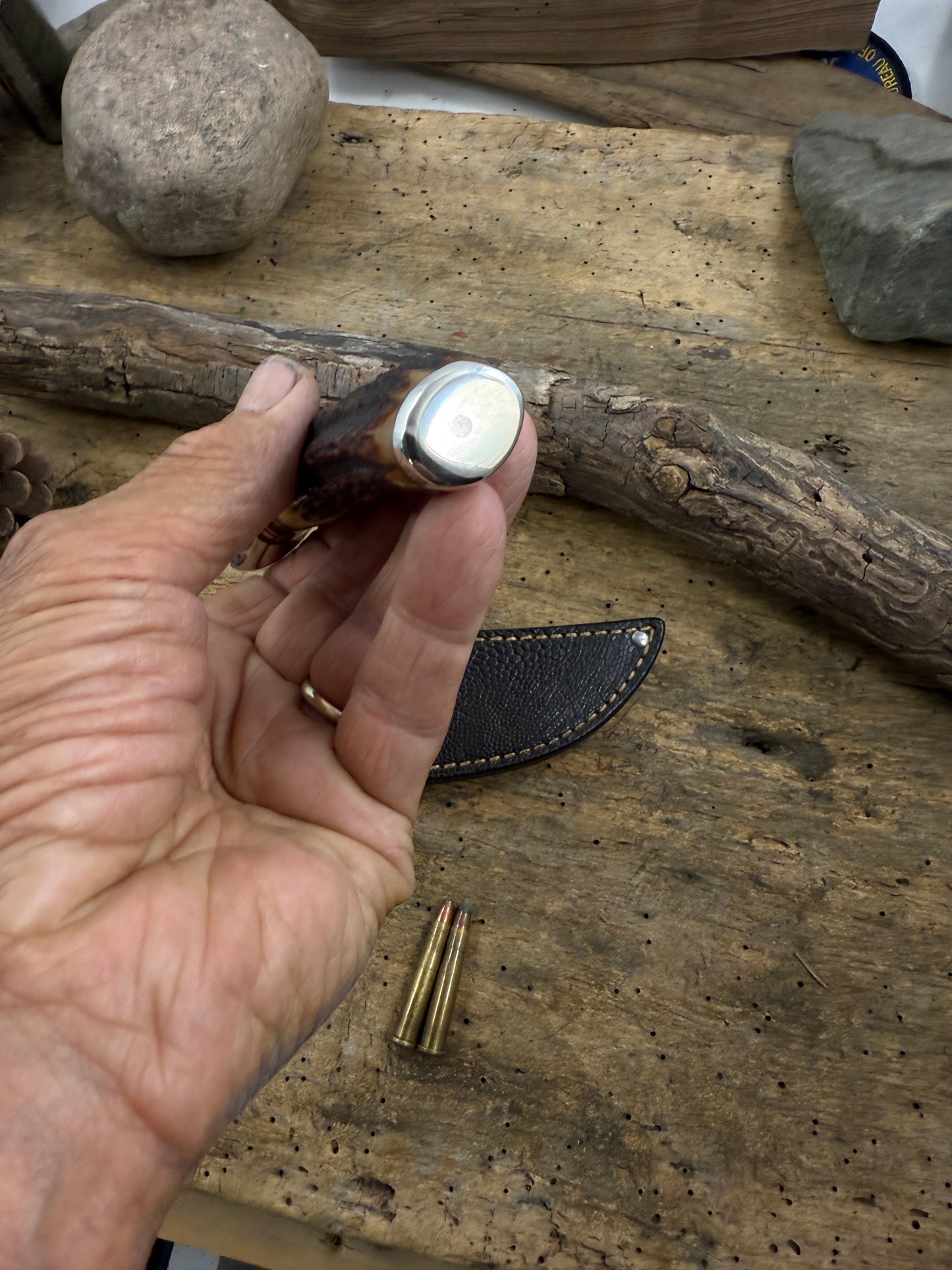 Treeman  Small Hunter with old Stag Nickel Guard pinned butt Cap Exotic sheath