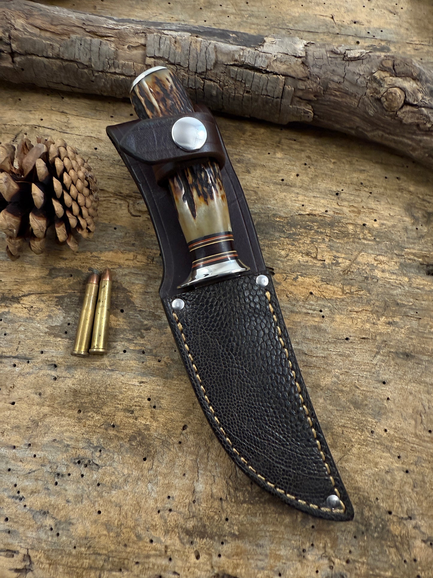 Treeman  Small Hunter with old Stag Nickel Guard pinned butt Cap Exotic sheath