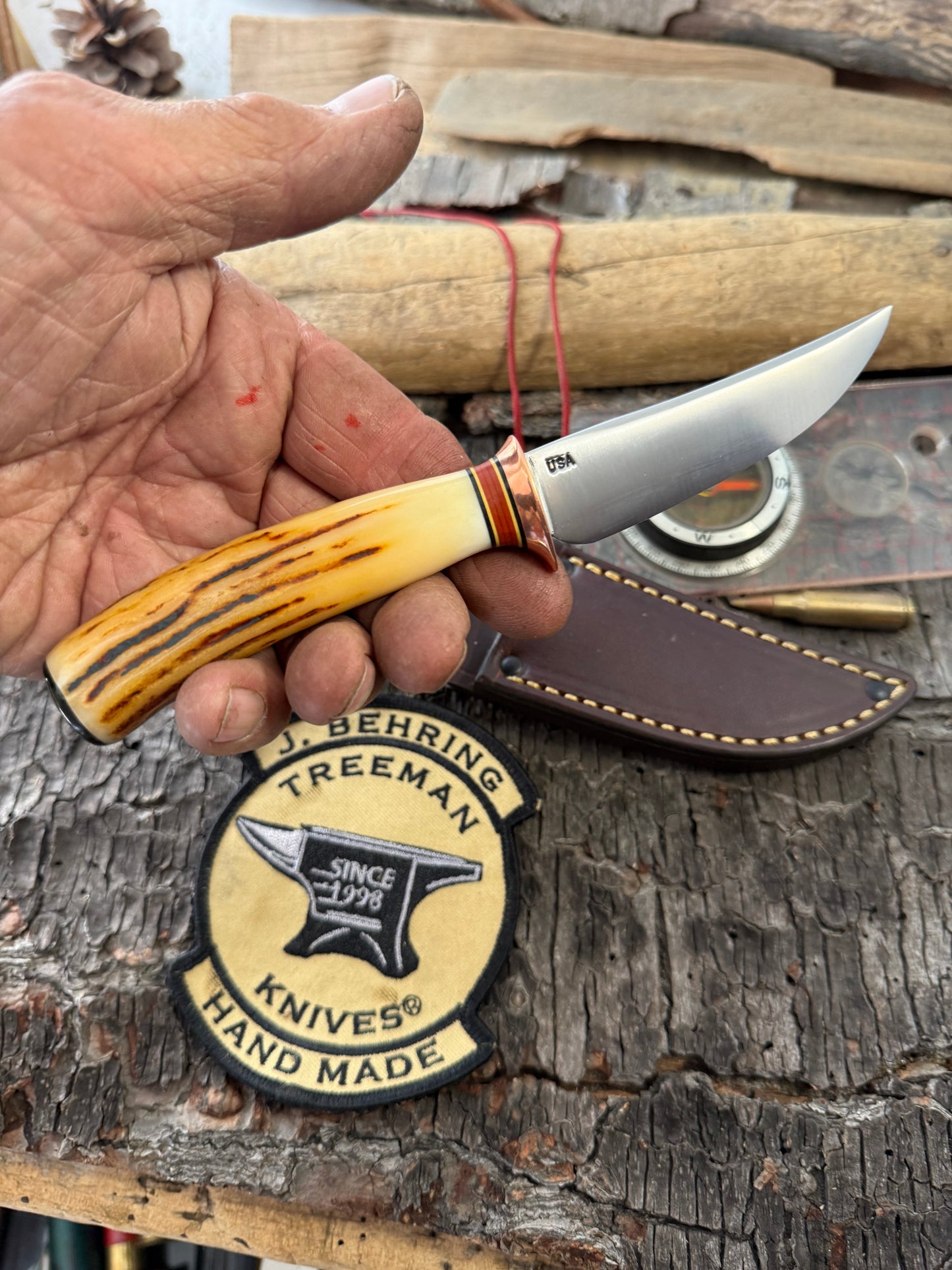 Treeman Trout Knife Forged 1095 Copper Guard 120 Year old stag Mammoyh Cap