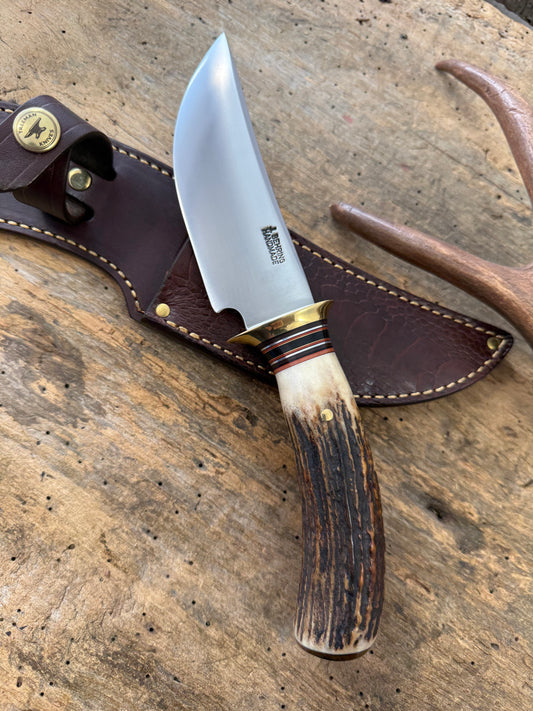 Treeman  5" Copper Harbor AEB-L Stainless Sambar Stag Mammoth Ivory Ostrich Leg Sheath