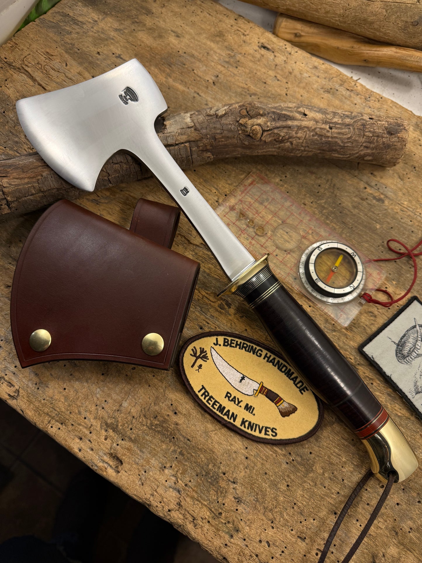 Treeman Camp Axe 15" OAL Horse Hide Brass Crows Beak Butt