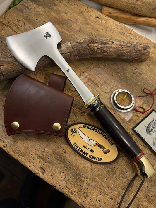 Treeman Camp Axe 15" OAL Horse Hide Brass Crows Beak Butt