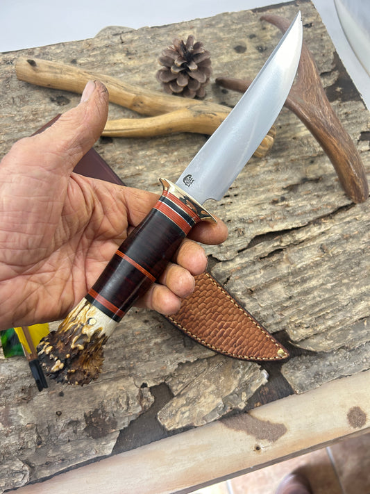 Treeman 7" Huron Hunter Brass Horse Hide Wisconsin Crown Stag pinned Butt BEAVER TAIL Sheath