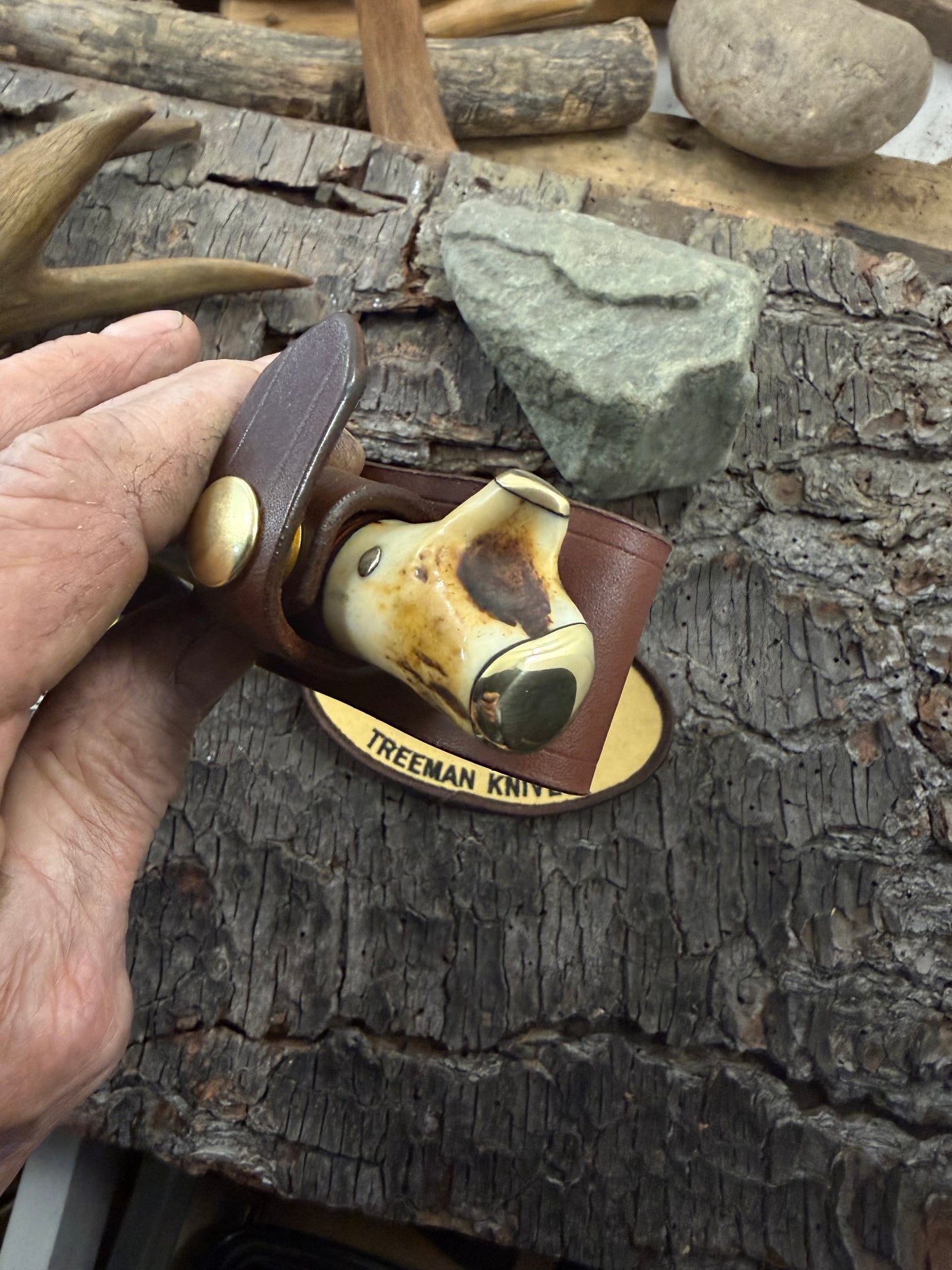 Treeman 4" Deer & Trout Skinner Horse hide pinned brass cap crotch stag butt