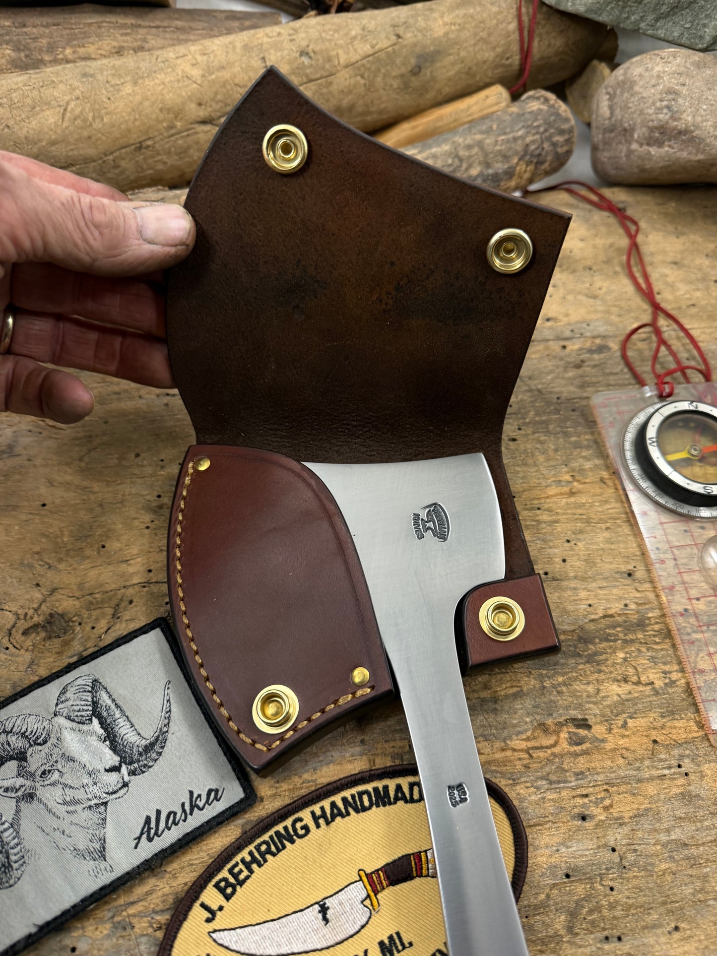 Treeman Camp Axe 15" OAL Horse Hide Brass Crows Beak Butt