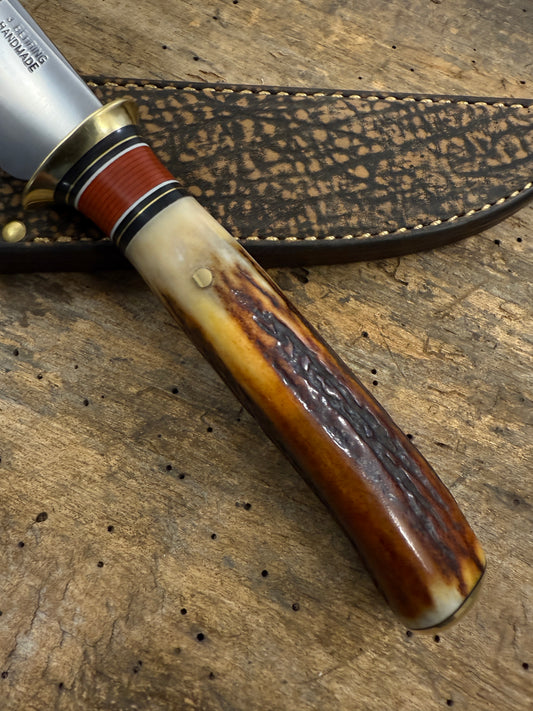 Treeman Old School 5 1/2" Deer & Trout Hunter . Brass real Red Sambar Stag Pinned Brass Butt