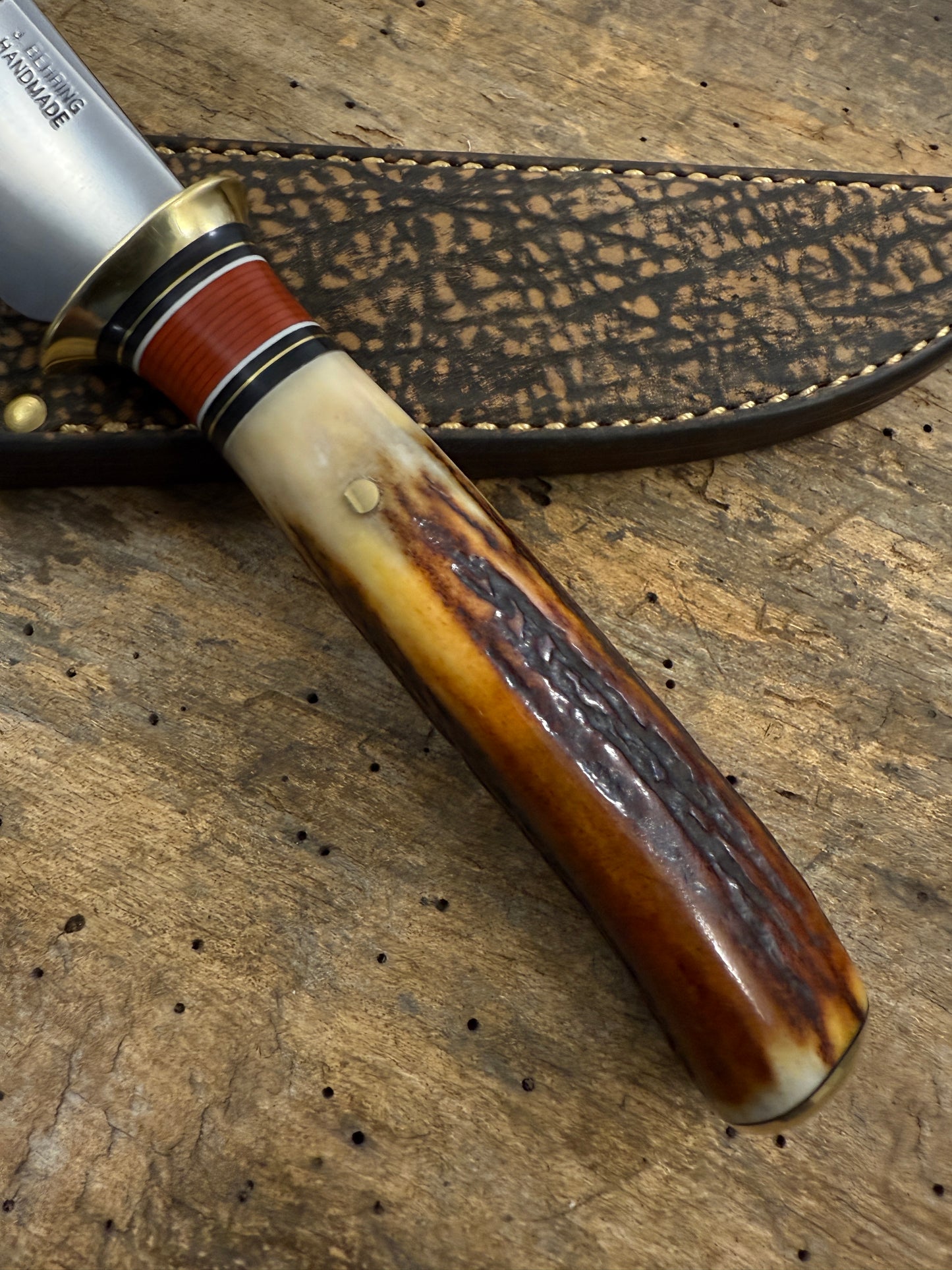 Treeman Old School 5 1/2" Deer & Trout Hunter . Brass real Red Sambar Stag Pinned Brass Butt