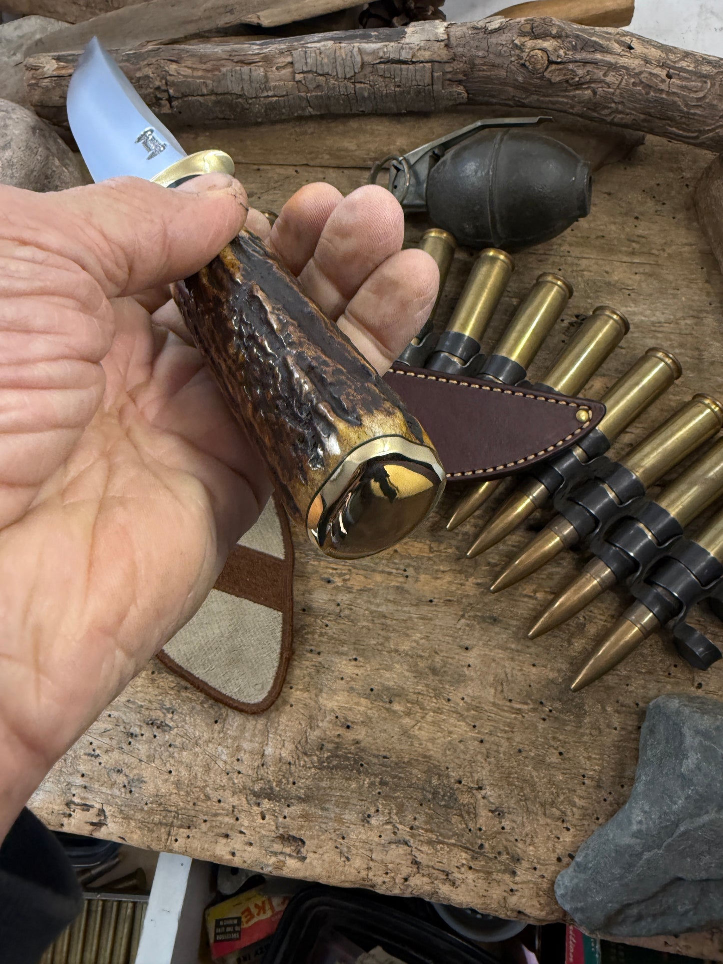 Model 1 - 8" DBL Skull Fighter Sambar Stag Rough Back Sheath