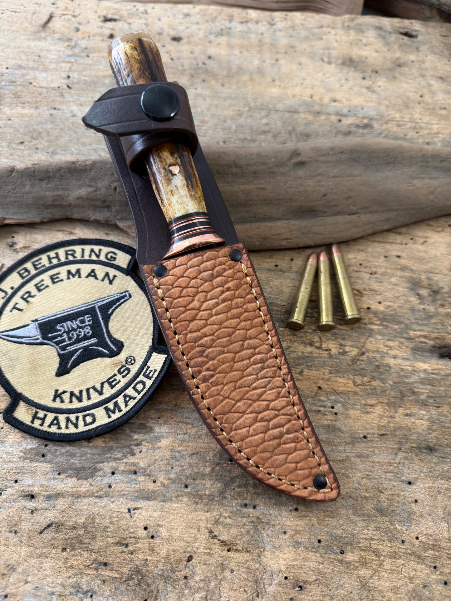 Treeman Trout & Deer Knife Forged 1095 Copper Guard Sambar Stag Musk Ox Butt  Beaver Tail Sheath