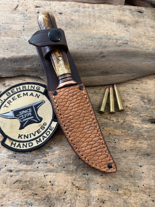 Treeman Trout & Deer Knife Forged 1095 Copper Guard Sambar Stag Musk Ox Butt  Beaver Tail Sheath