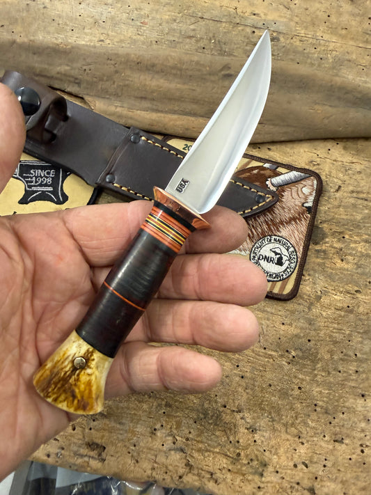 Treeman Trout Knife 3 3/8" 1095 hand forged blade horse hide crotch stag