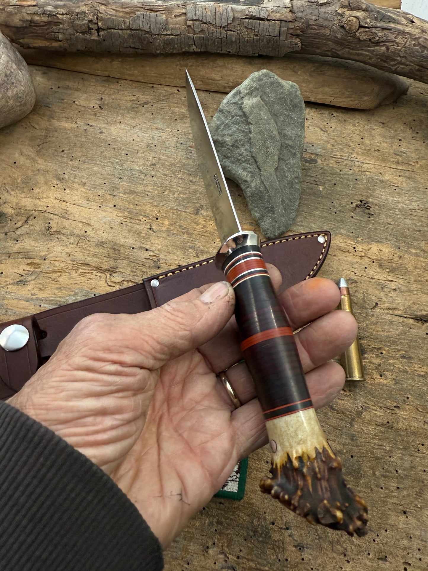 Treeman Drop Point Hunter AEB-L Stainless Nickel Silver HH Crown Stag