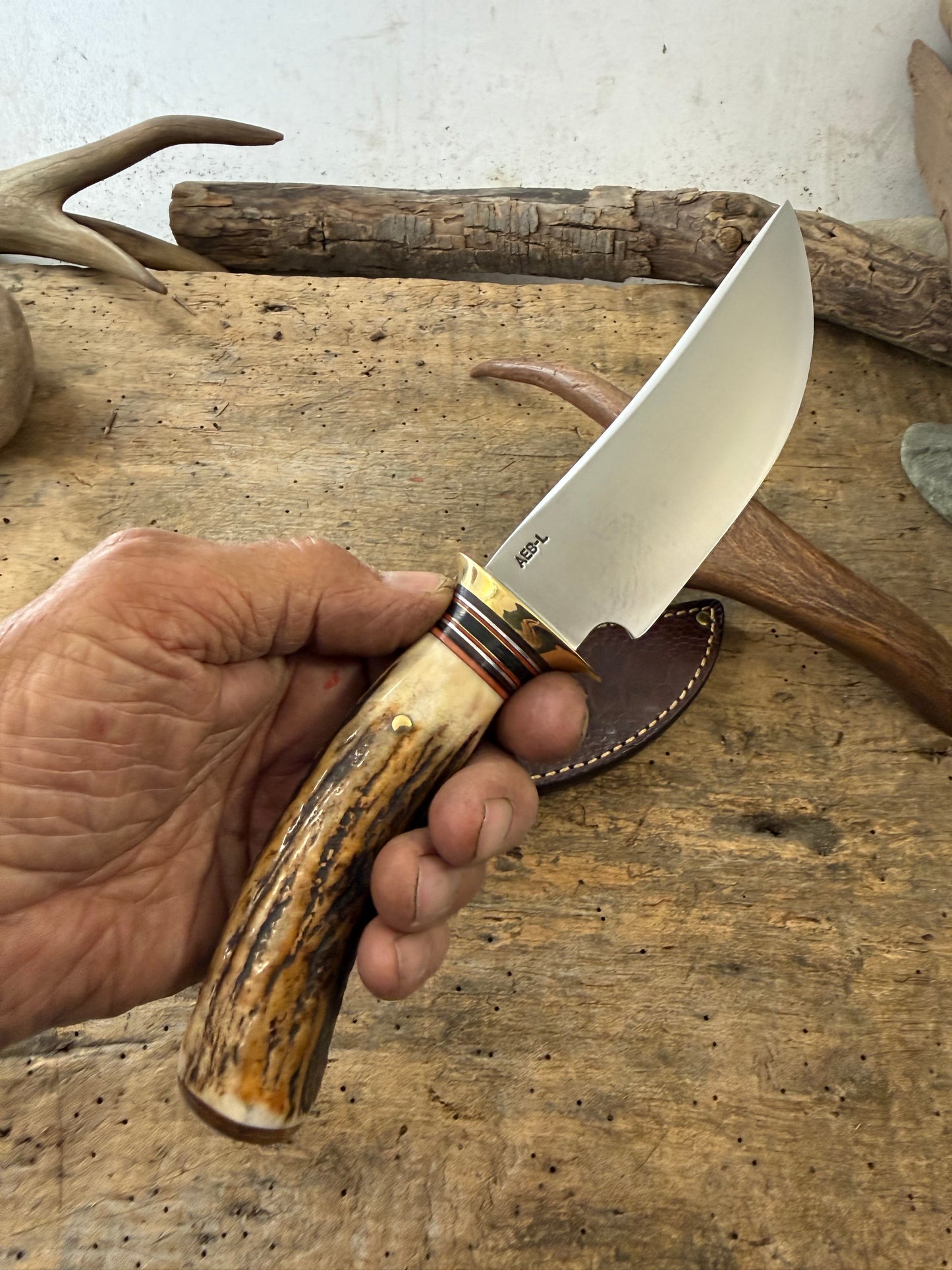 Treeman  5" Copper Harbor AEB-L Stainless Sambar Stag Mammoth Ivory Ostrich Leg Sheath