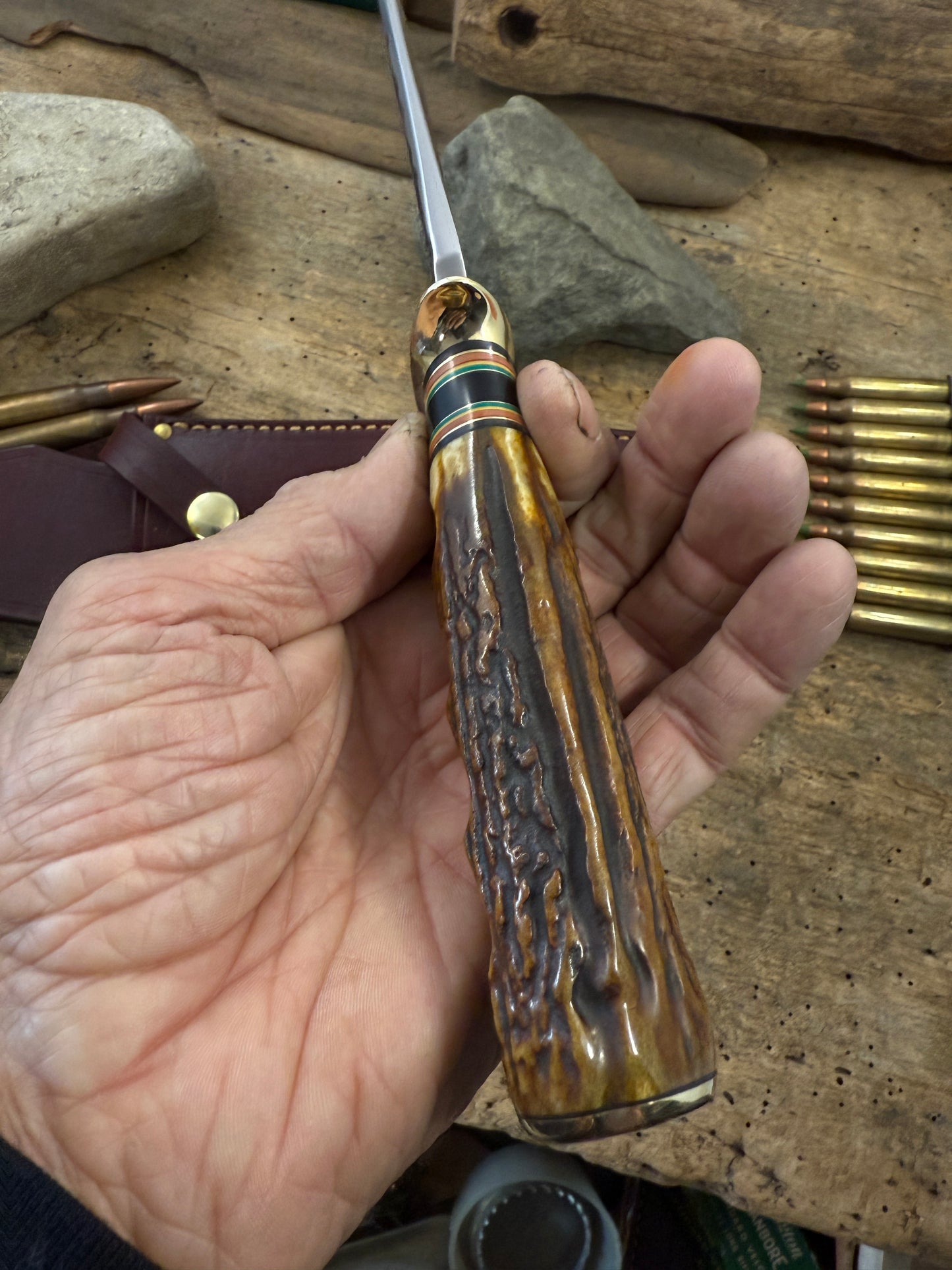 Treeman DBL Skull Fighter 6 3/4" Heavy Duty Hammer Mark Blade Finger Grip Stag