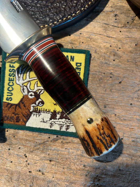 Treeman Iron Mt. Hunter 4 3/8" Blade Brass Horsehide Sambar Stag Shark Sheath