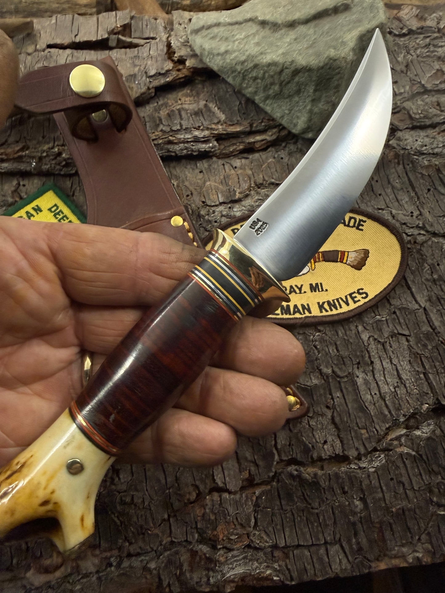 Treeman 4" Deer & Trout Skinner Horse hide pinned brass cap crotch stag butt