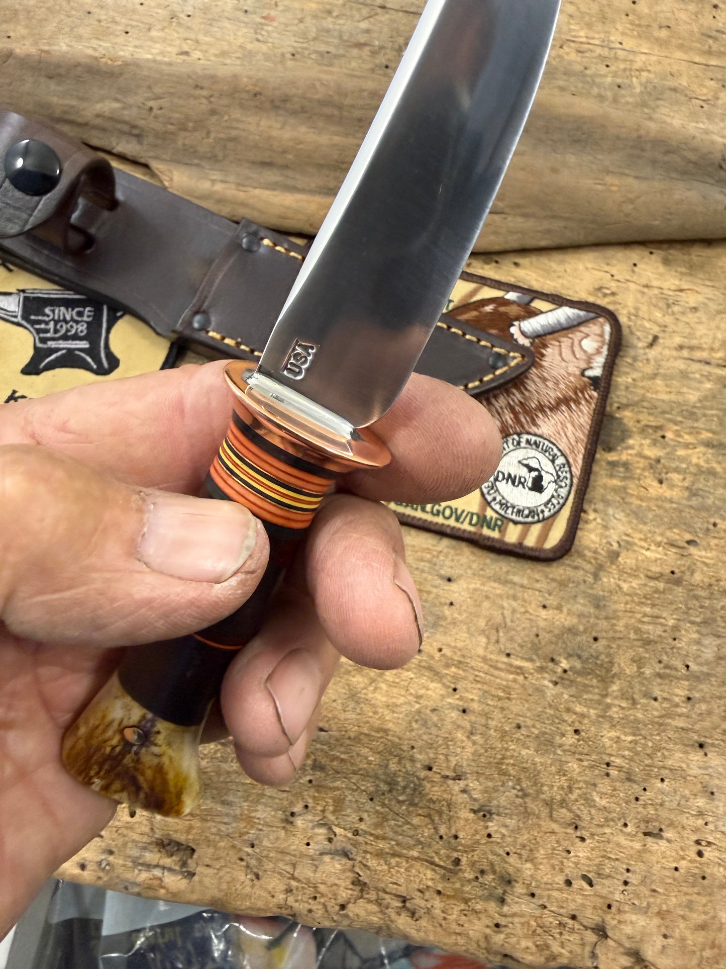 Treeman Trout Knife 3 3/8" 1095 hand forged blade horse hide crotch stag