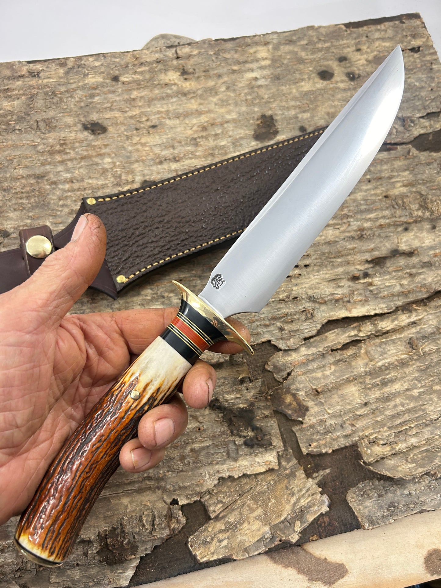 Treeman Model 1 Style Fighter 8 1/2" HD forged blade Red Stag Shark Wide Mouth Sheath
