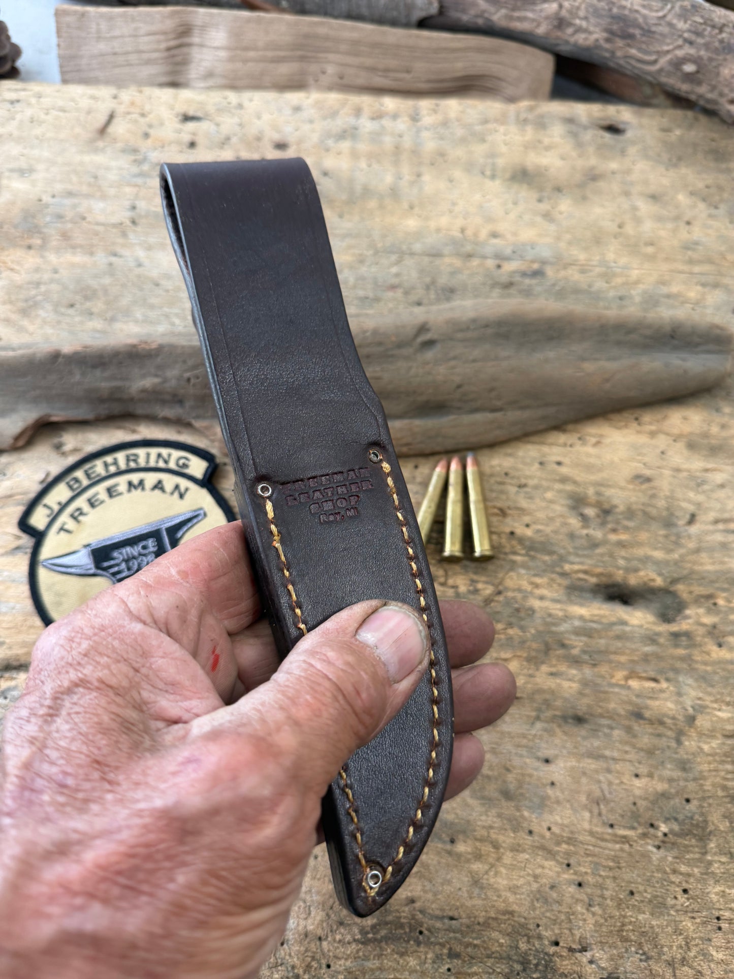 Treeman Trout & Deer Knife Forged 1095 Copper Guard Sambar Stag Musk Ox Butt  Beaver Tail Sheath