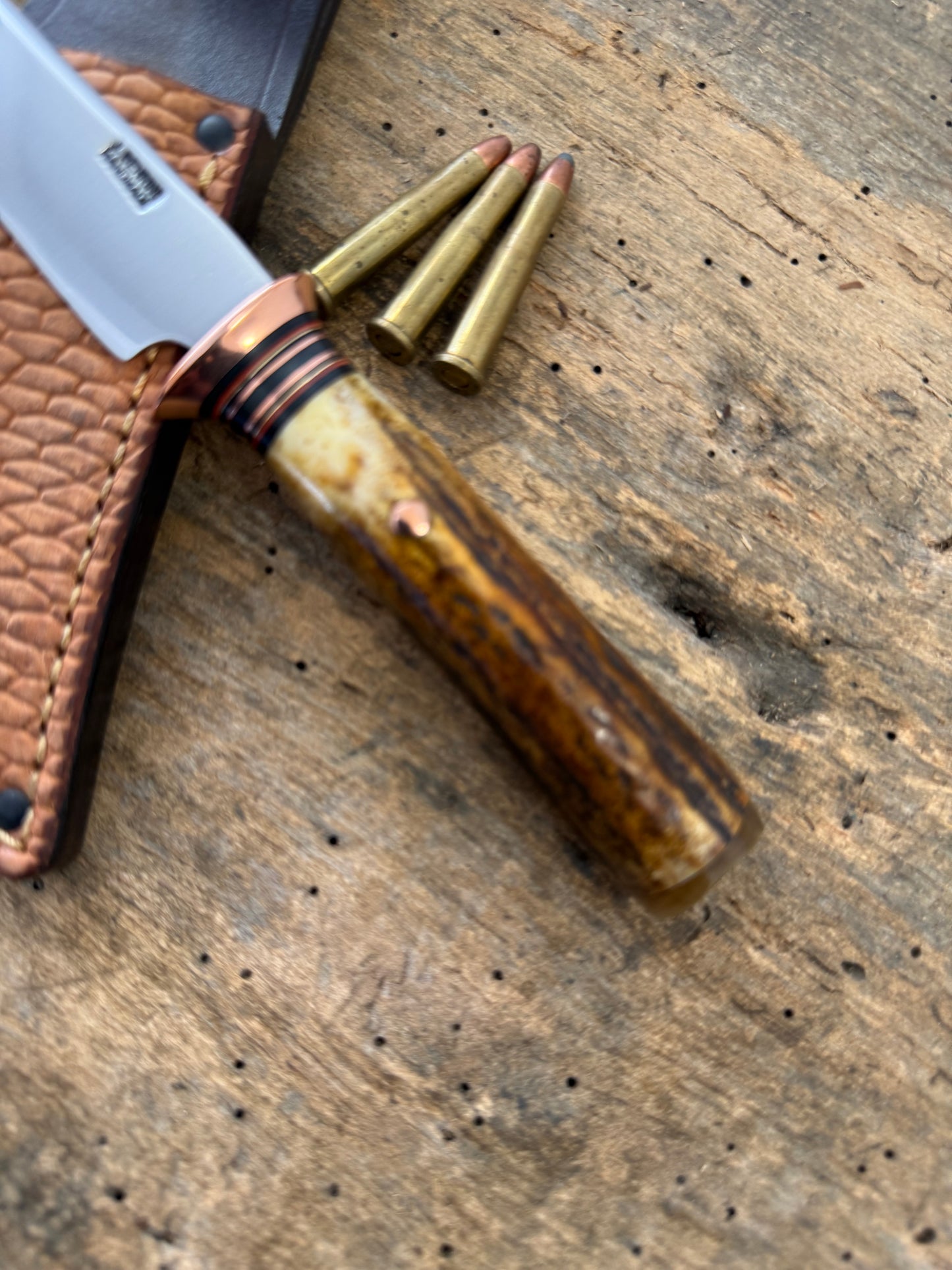 Treeman Trout & Deer Knife Forged 1095 Copper Guard Sambar Stag Musk Ox Butt  Beaver Tail Sheath