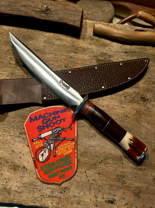 Treeman 8 1/2" Skull Fighter Model 1 Style Nickel Guard Stacked Horse hide red Stag Pinned Butt Shark Sheath