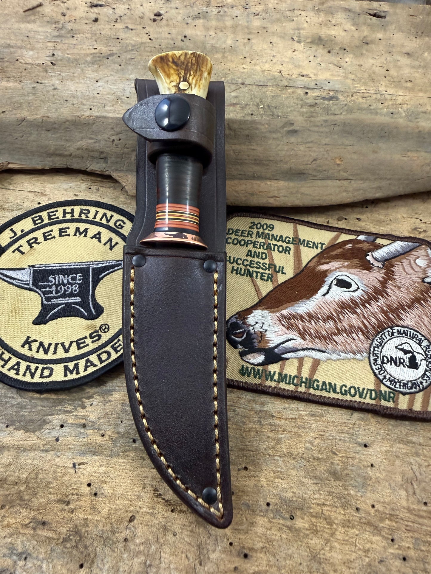 Treeman Trout Knife 3 3/8" 1095 hand forged blade horse hide crotch stag