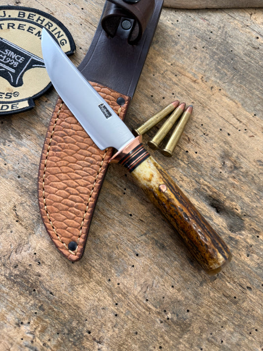 Treeman Trout & Deer Knife Forged 1095 Copper Guard Sambar Stag Musk Ox Butt Beaver Tail Sheath