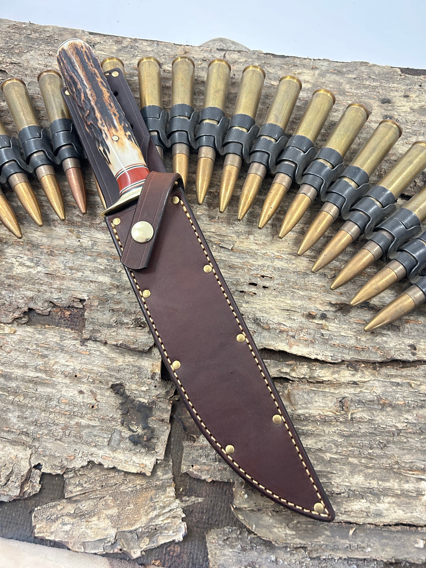 Treeman 8" Old School Springfield style Fighter Killer Sambar Stag Rough back riveted sheath .