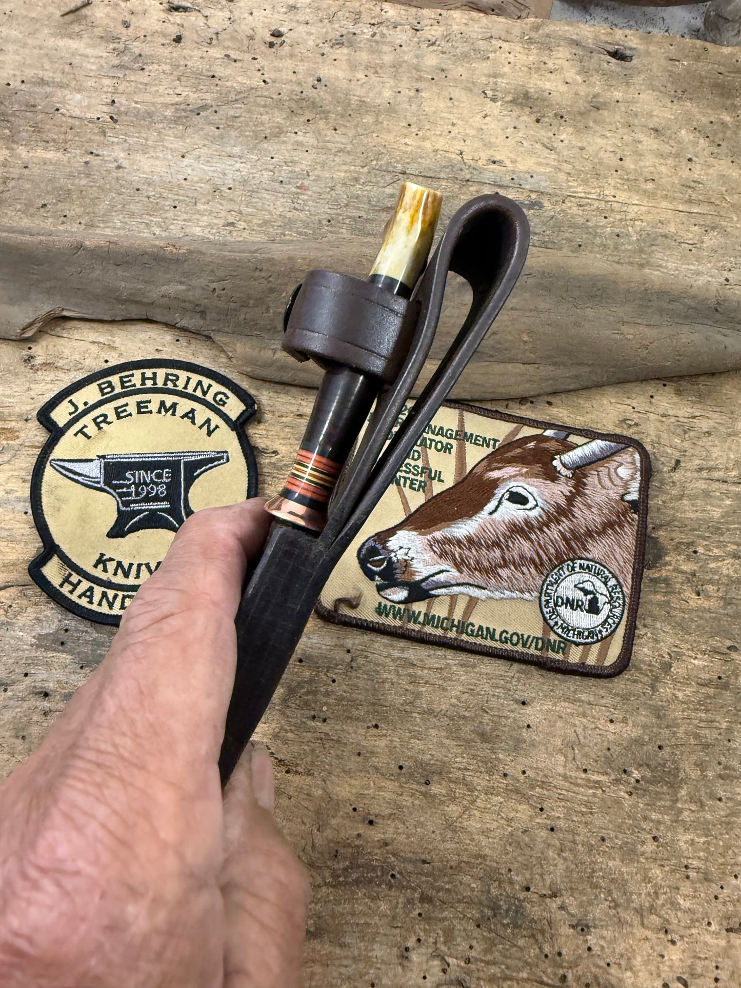 Treeman Trout Knife 3 3/8" 1095 hand forged blade horse hide crotch stag