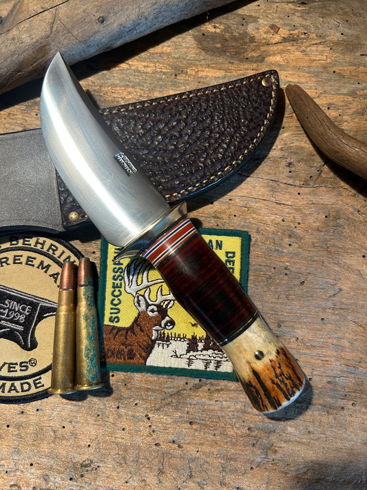 Treeman Iron Mt. Hunter 4 3/8" Blade Brass Horsehide Sambar Stag Shark Sheath