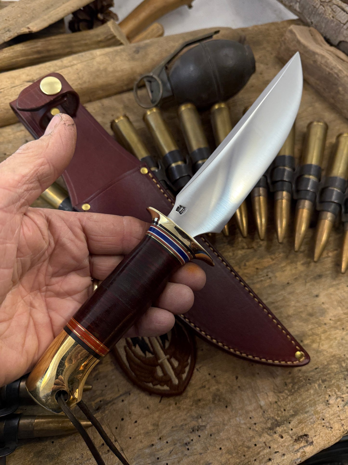 Old School Model 1 Fighter 7" Brass Brass Horse Hide wide mouth sheath