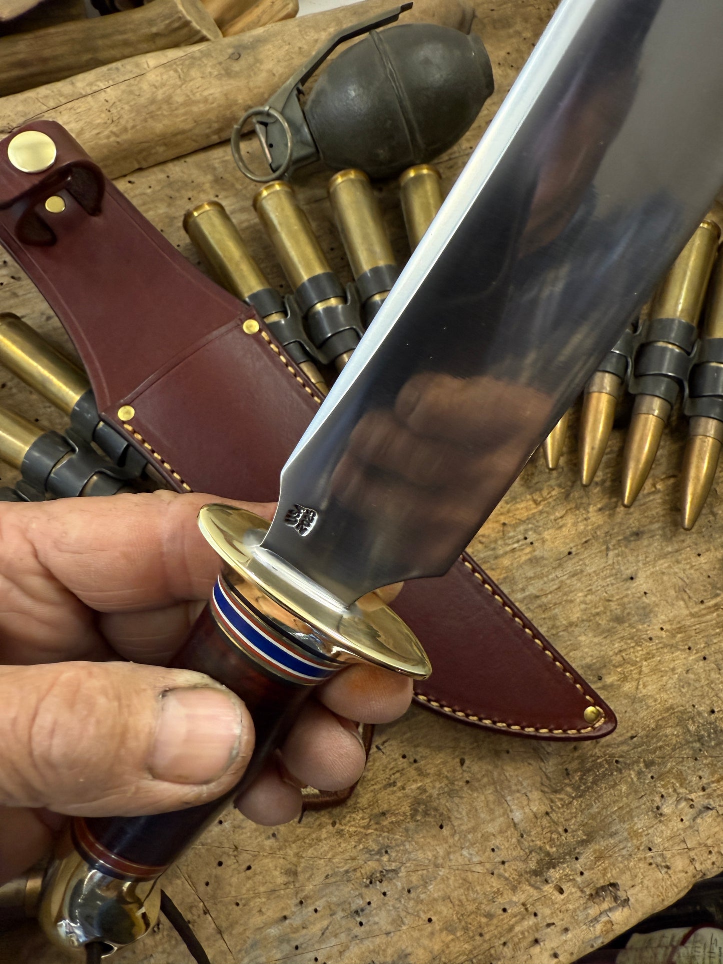 Old School Model 1 Fighter 7" Brass Brass Horse Hide wide mouth sheath