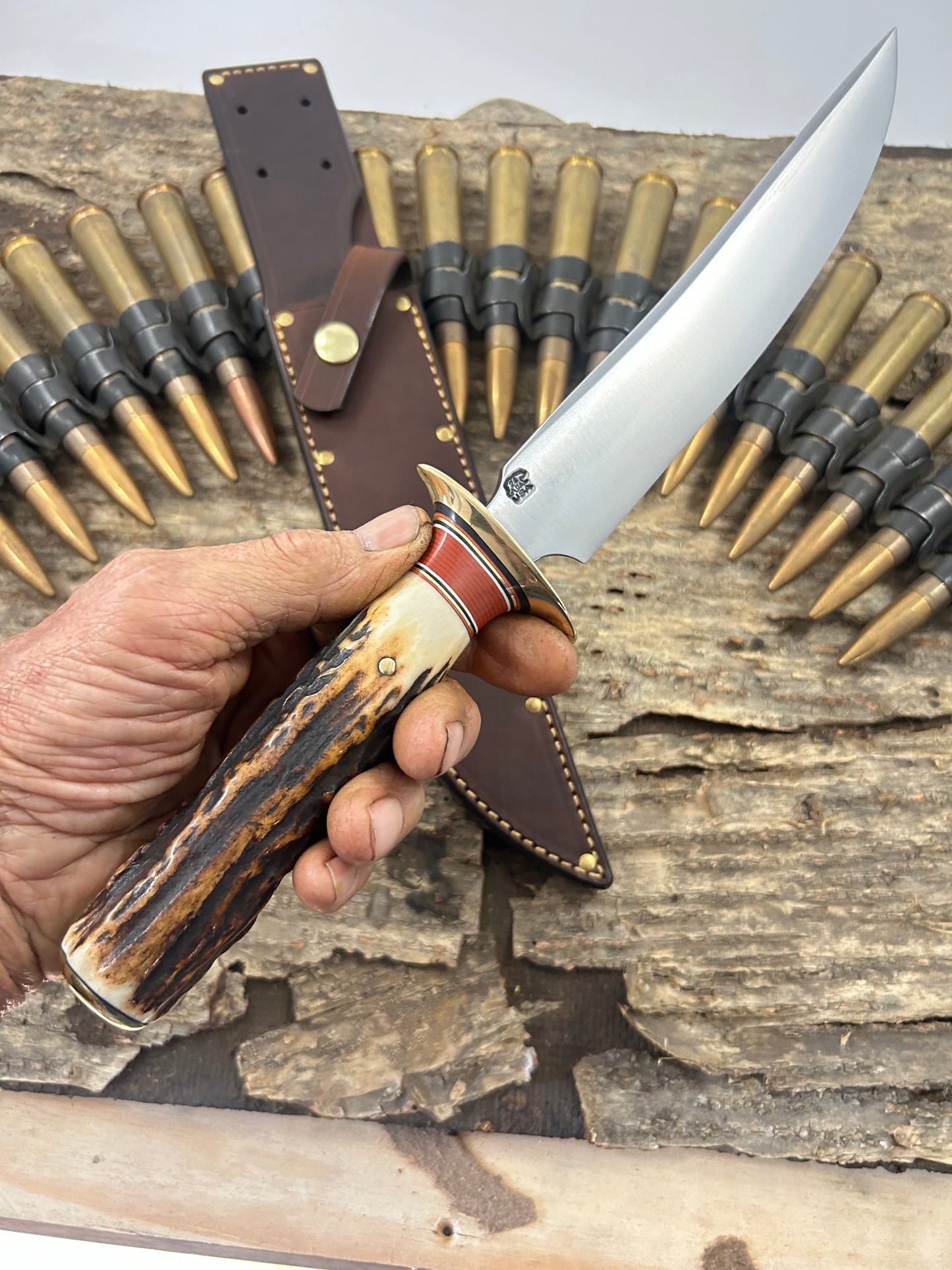 Treeman 8" Old School Springfield style Fighter Killer Sambar Stag Rough back riveted sheath .