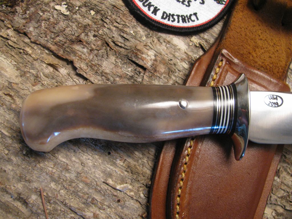 Treeman Handmade Artifact Walrus Ivory Deer & Trout  with Treeman  Leather Classic Scagel Style Pancake sheath.