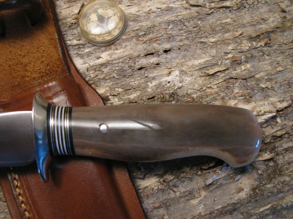 Treeman Handmade Artifact Walrus Ivory Deer & Trout  with Treeman  Leather Classic Scagel Style Pancake sheath.
