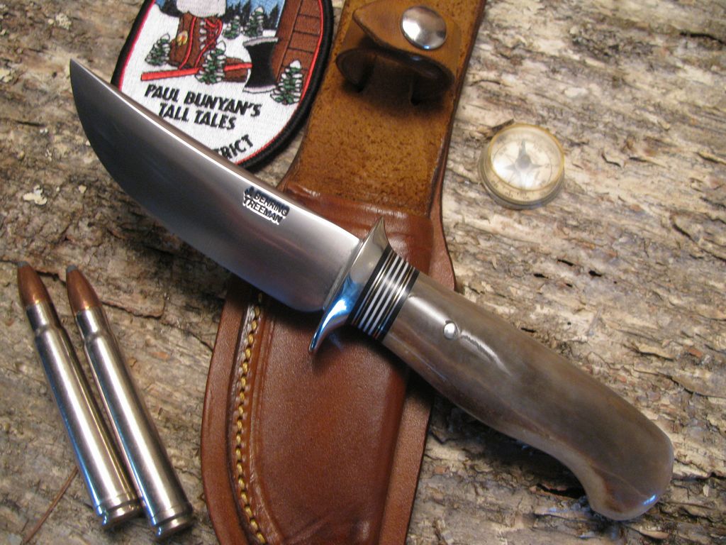 Treeman Handmade Artifact Walrus Ivory Deer & Trout  with Treeman  Leather Classic Scagel Style Pancake sheath.