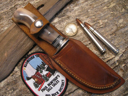 Treeman Handmade Artifact Walrus Ivory Deer & Trout  with Treeman  Leather Classic Scagel Style Pancake sheath.