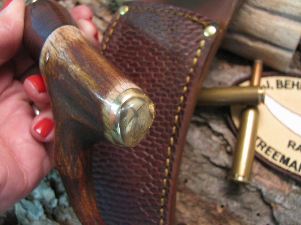  Scagel Drop Tine upswept Skinner Brass butt cap Beaver Tail Treeman Leather shop sheath 