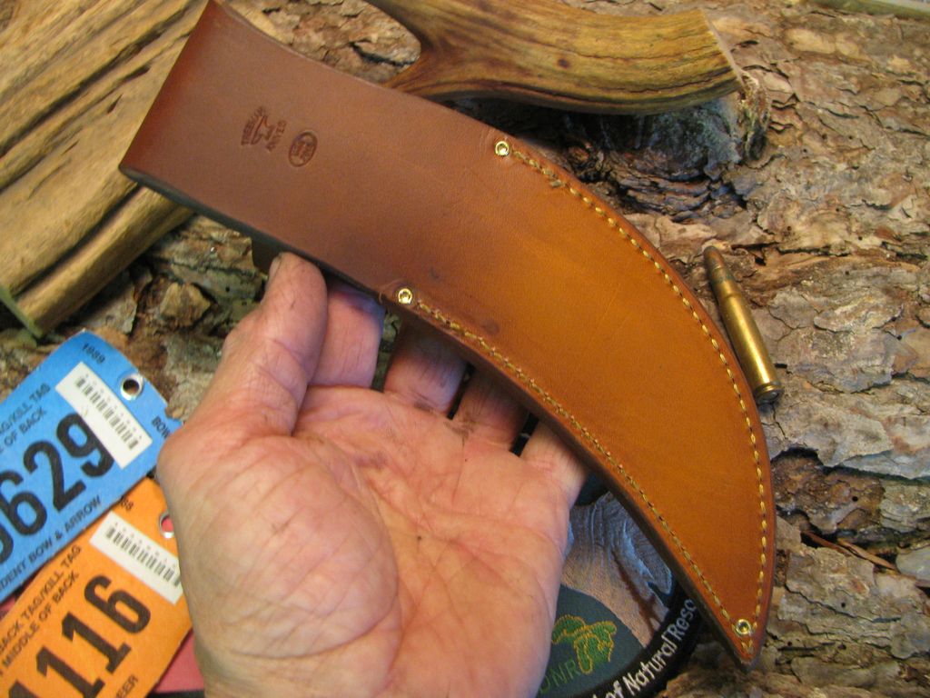  Scagel Drop Tine upswept Skinner Brass butt cap Beaver Tail Treeman Leather shop sheath 