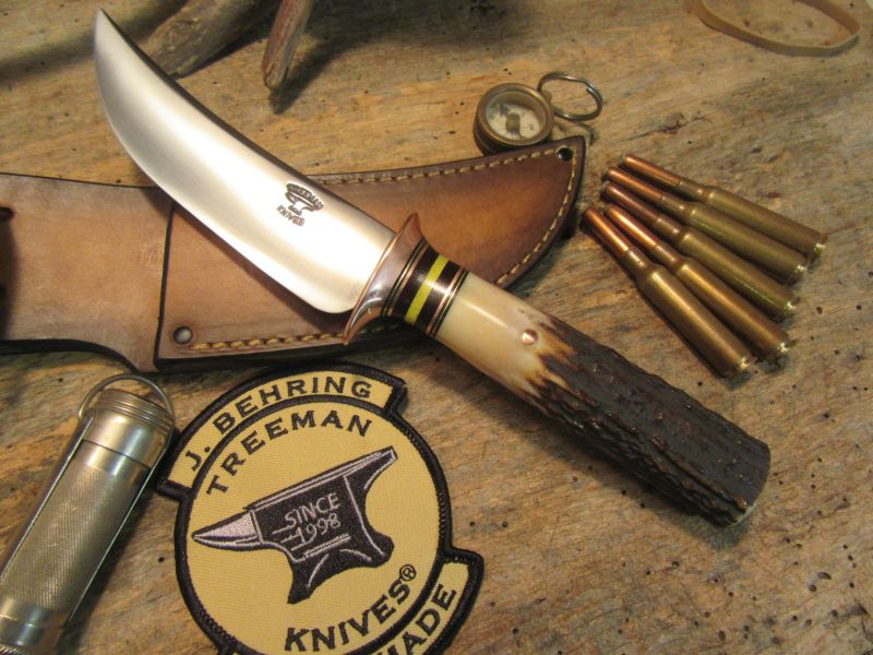    J. Behring Big Bay Hunter 5" Blade Copper Guard Red Stag Handle 