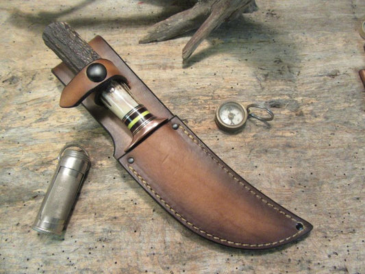    J. Behring Big Bay Hunter 5" Blade Copper Guard Red Stag Handle 
